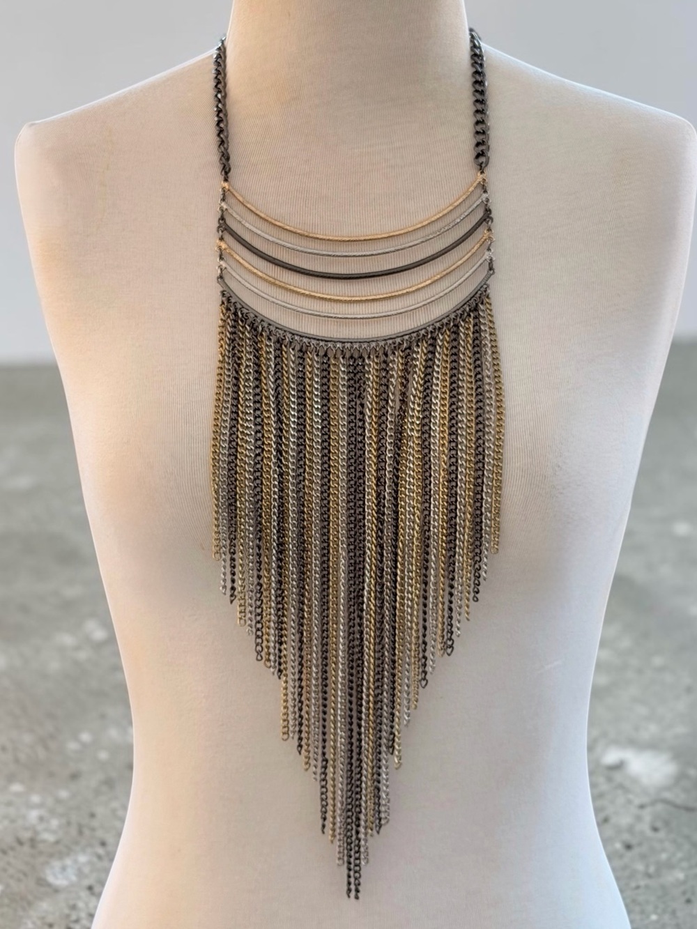 Natasha Couture Mixed-Metal Chain Fringe Waterfall Bib Necklace